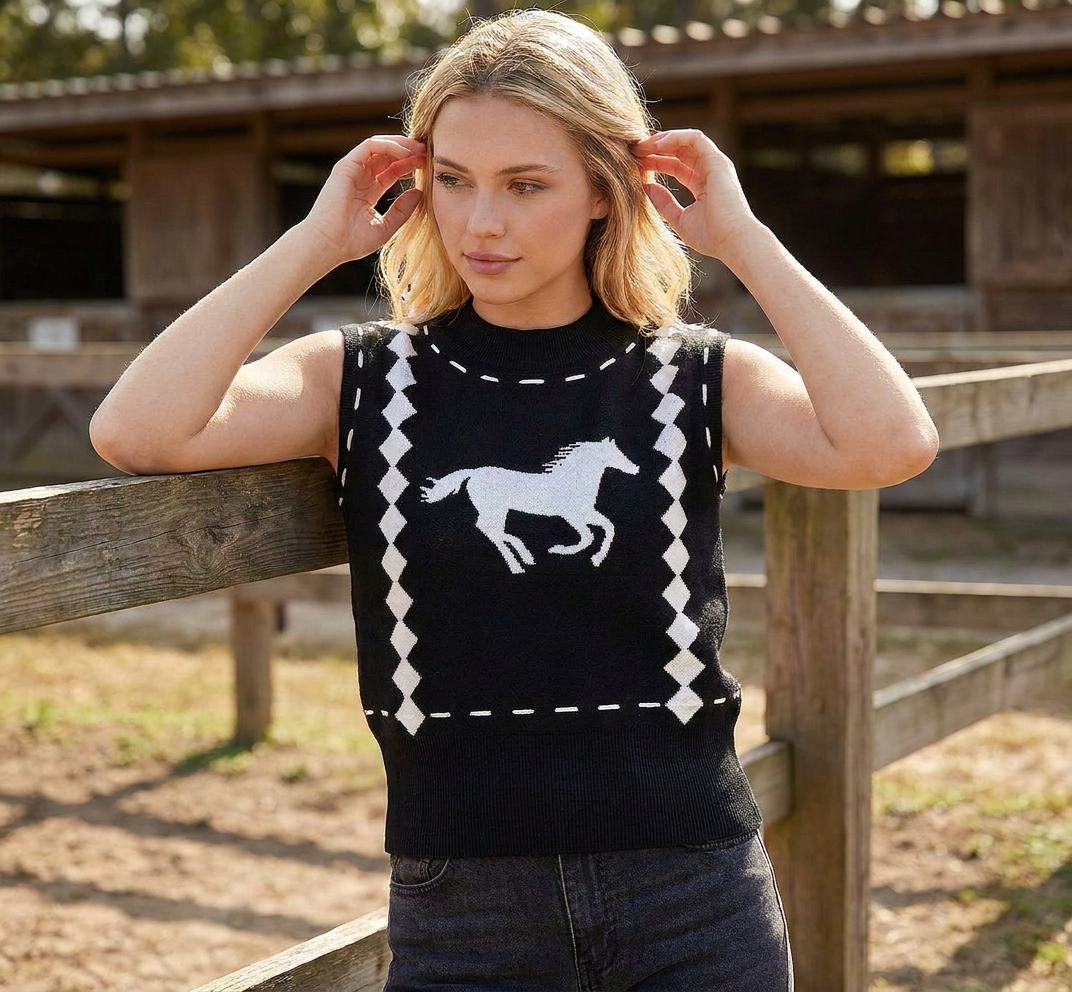Women’s Horse Sleeveless Sweater, Black Geometric Western Knit Top, Cowgirl Shirt