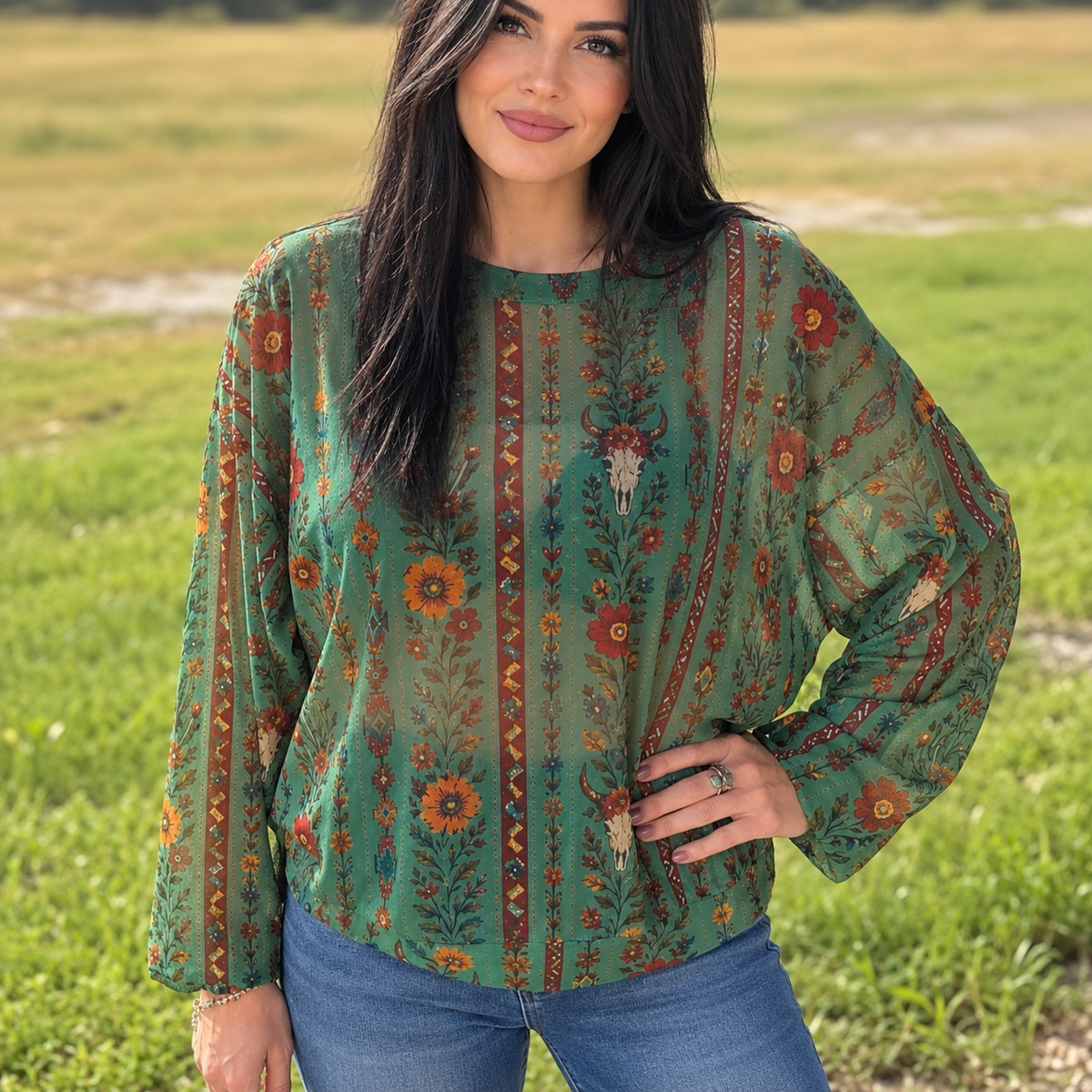 Women's Green Western Mesh Top