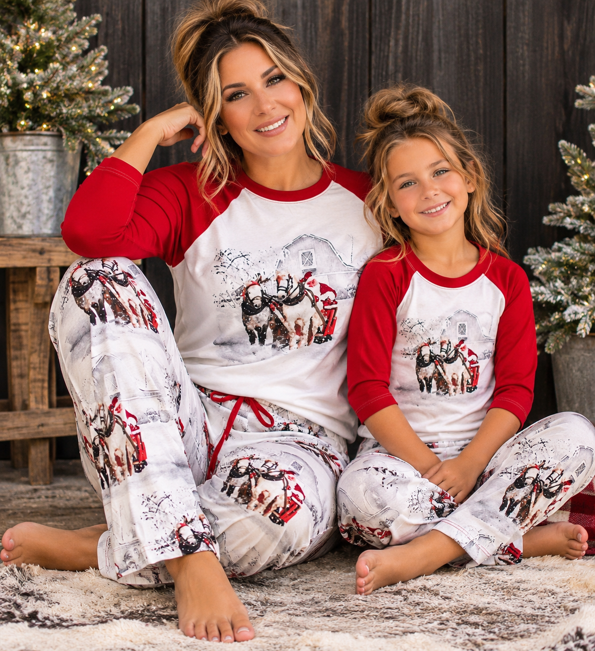 Western Christmas Sleigh Ride Pajamas, Adult Cowboy Santa PJs, Matching Family Holiday PJs