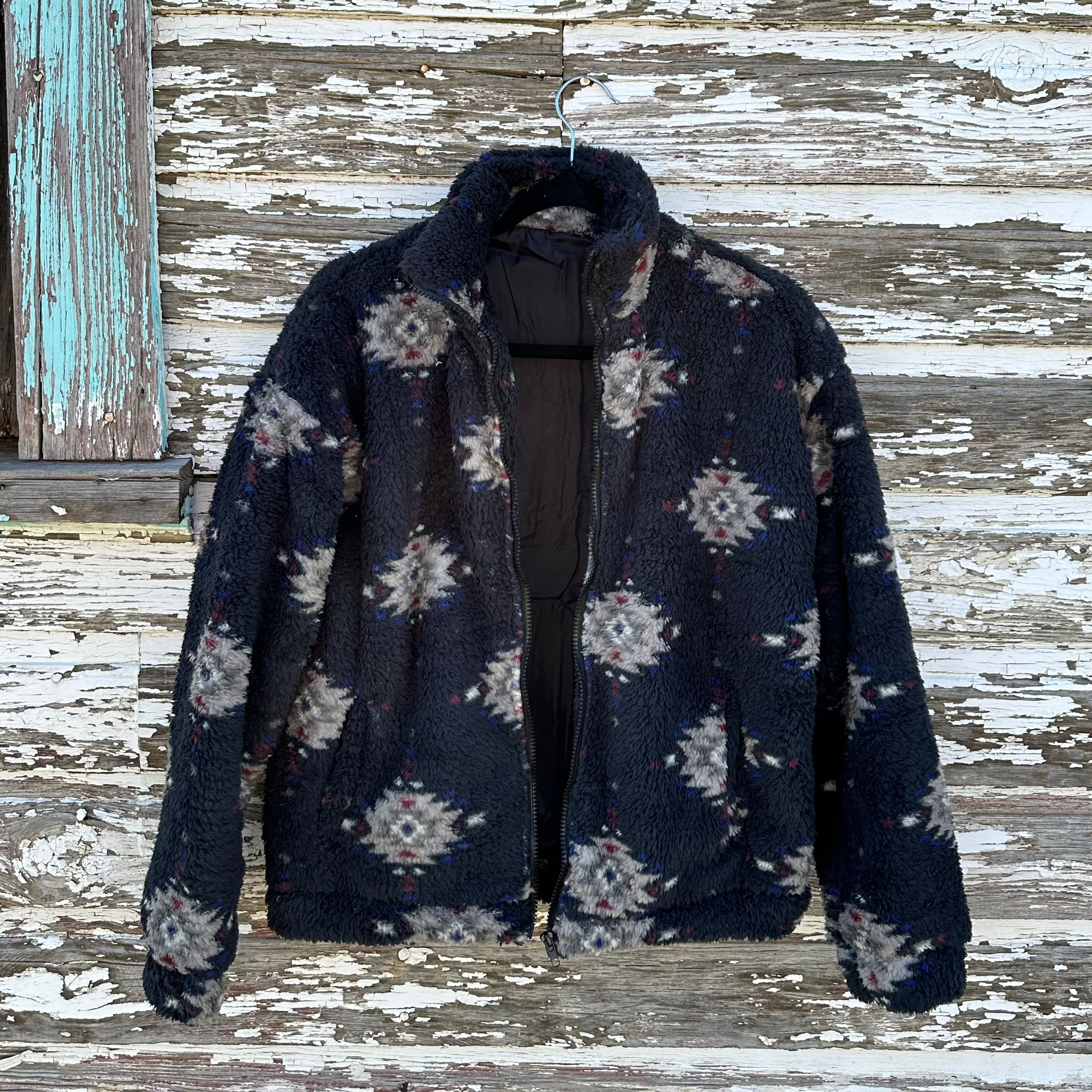 Black Aztec Cozy Sherpa Jacket - Women's Western Jackets, Aztec Pattern Zippered Sherpa Jacket