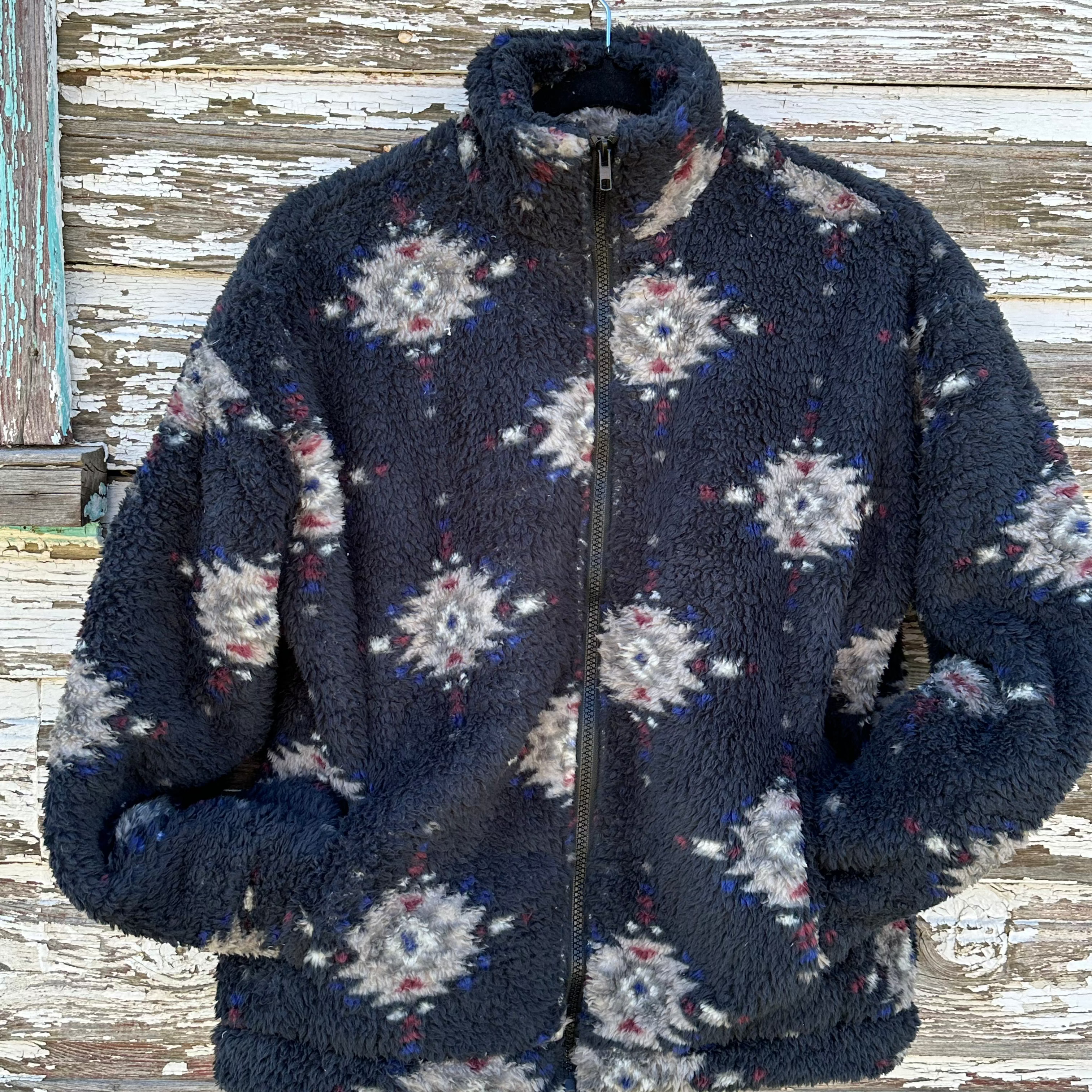 Black Aztec Cozy Sherpa Jacket - Women's Western Jackets, Aztec Pattern Zippered Sherpa Jacket