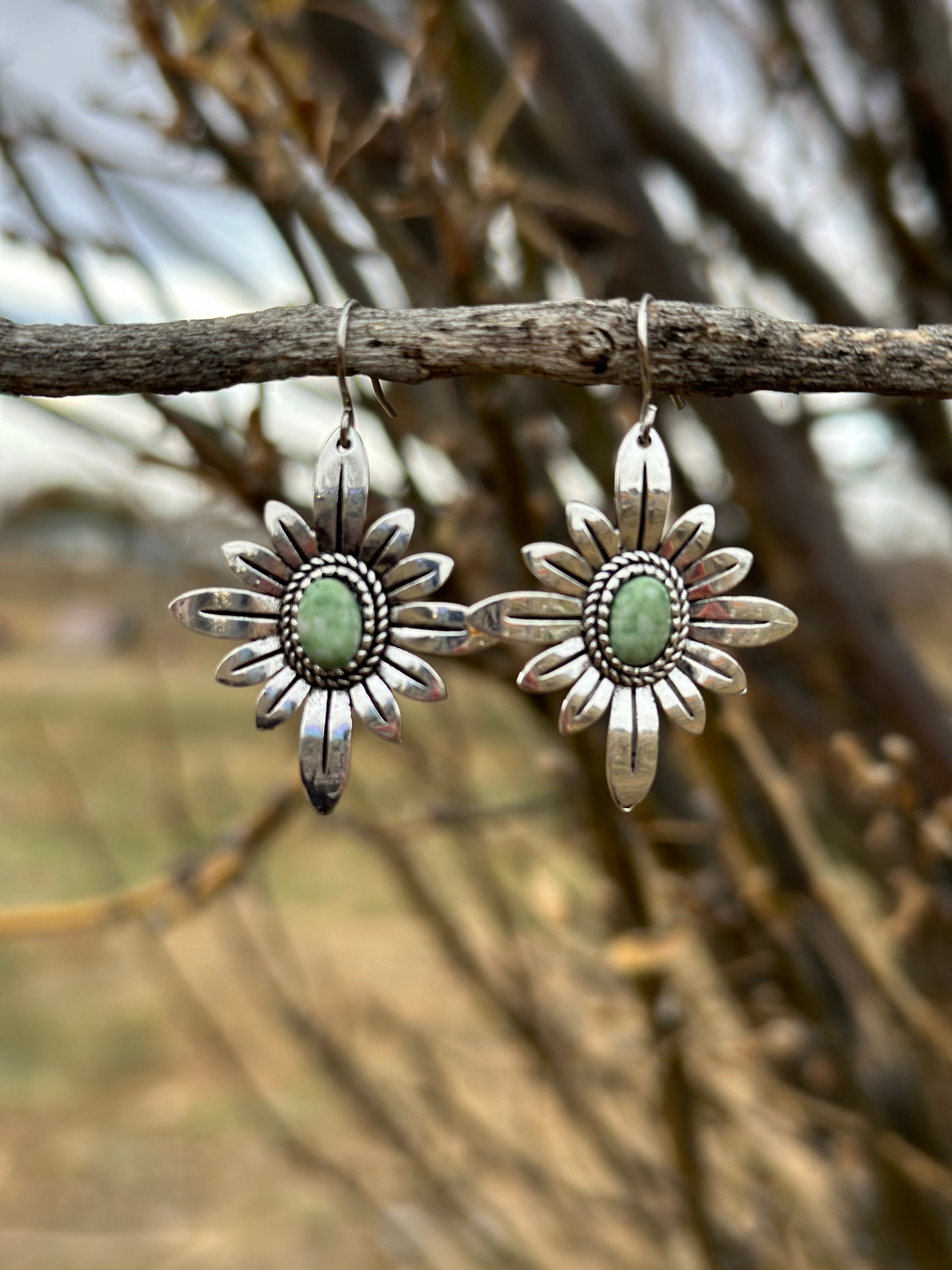 Green Western Flower Dangle Earrings with Turquoise Center – Boho Floral Western Style