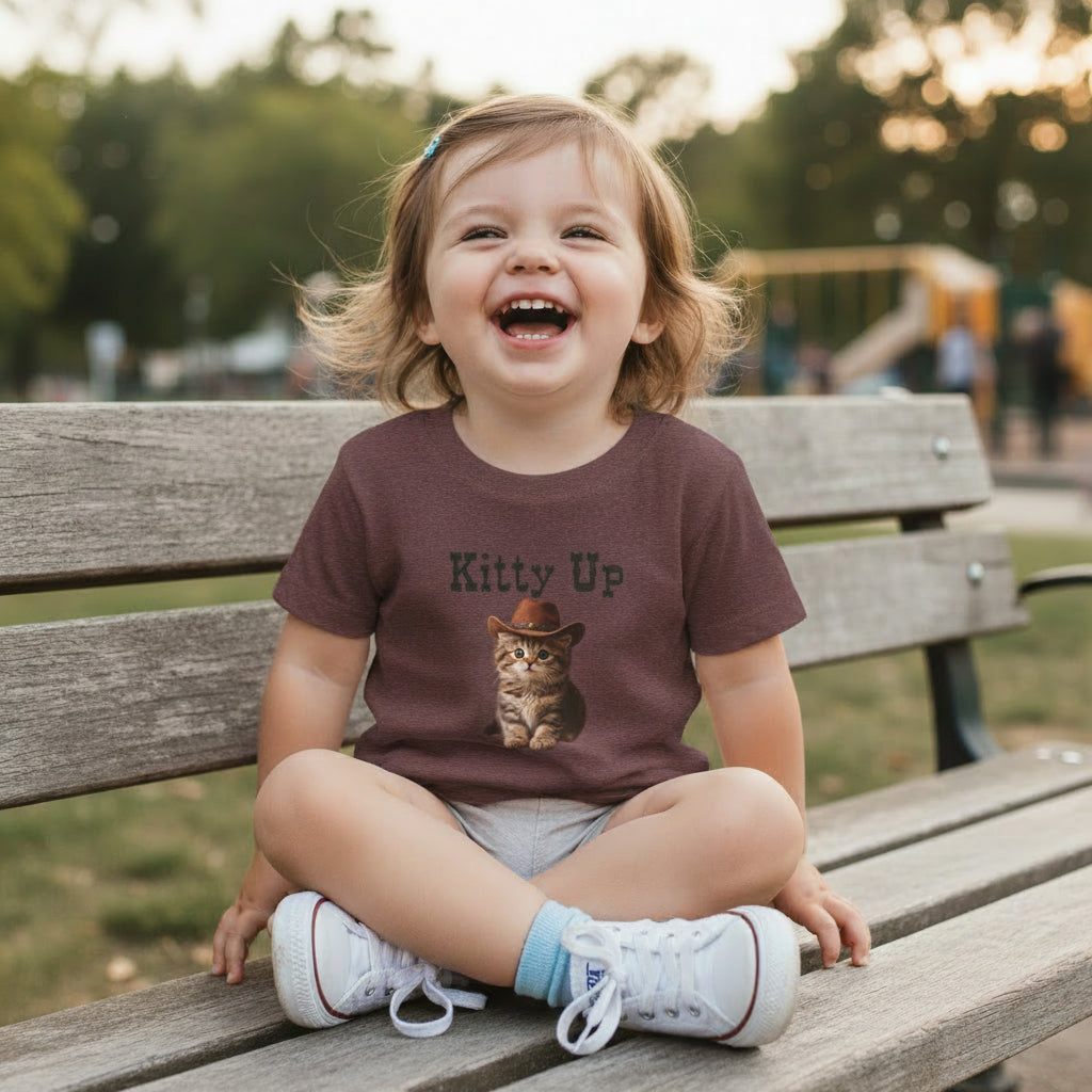 TODDLER GIRL SITTING ON BENCH WEARING KITTY UP FUNNY WESTERN CAT TSHIRT FOR TODDLERS