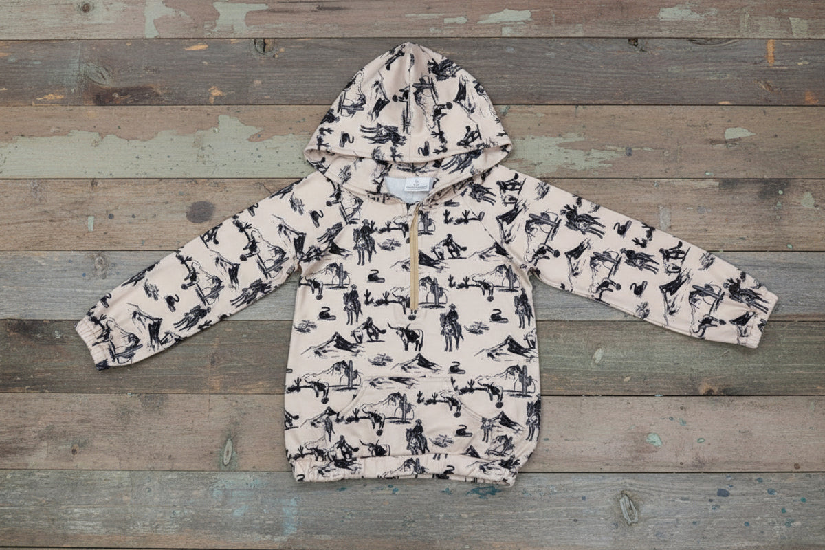 Kids Vintage Cowboy Pullover, Western Quarter Zip Hoodie, Rodeo Sweatshirt against barnwood