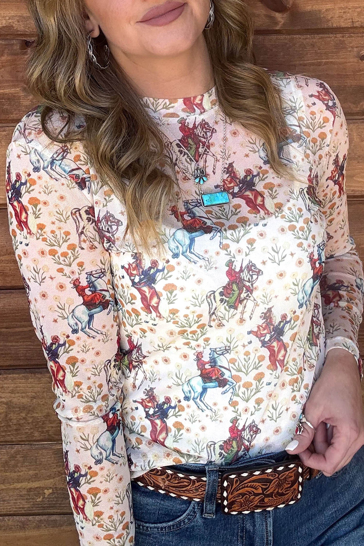 Women’s Cowboy Floral Print Sheer Mesh Long Sleeve Top
