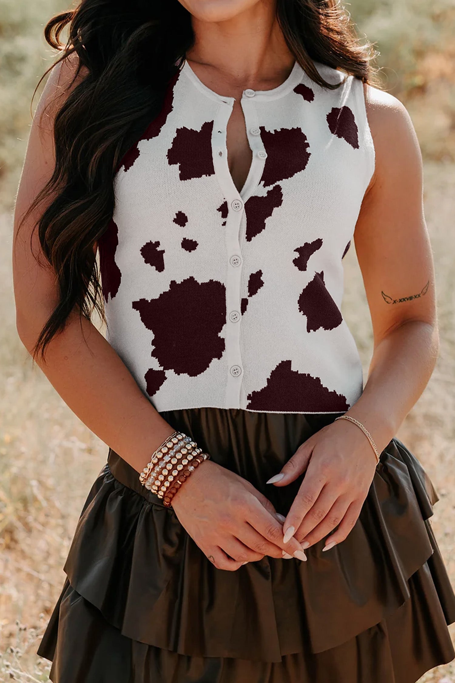 Women’s Cow Print Vest, Cowprint Button-Front Sweater Vest