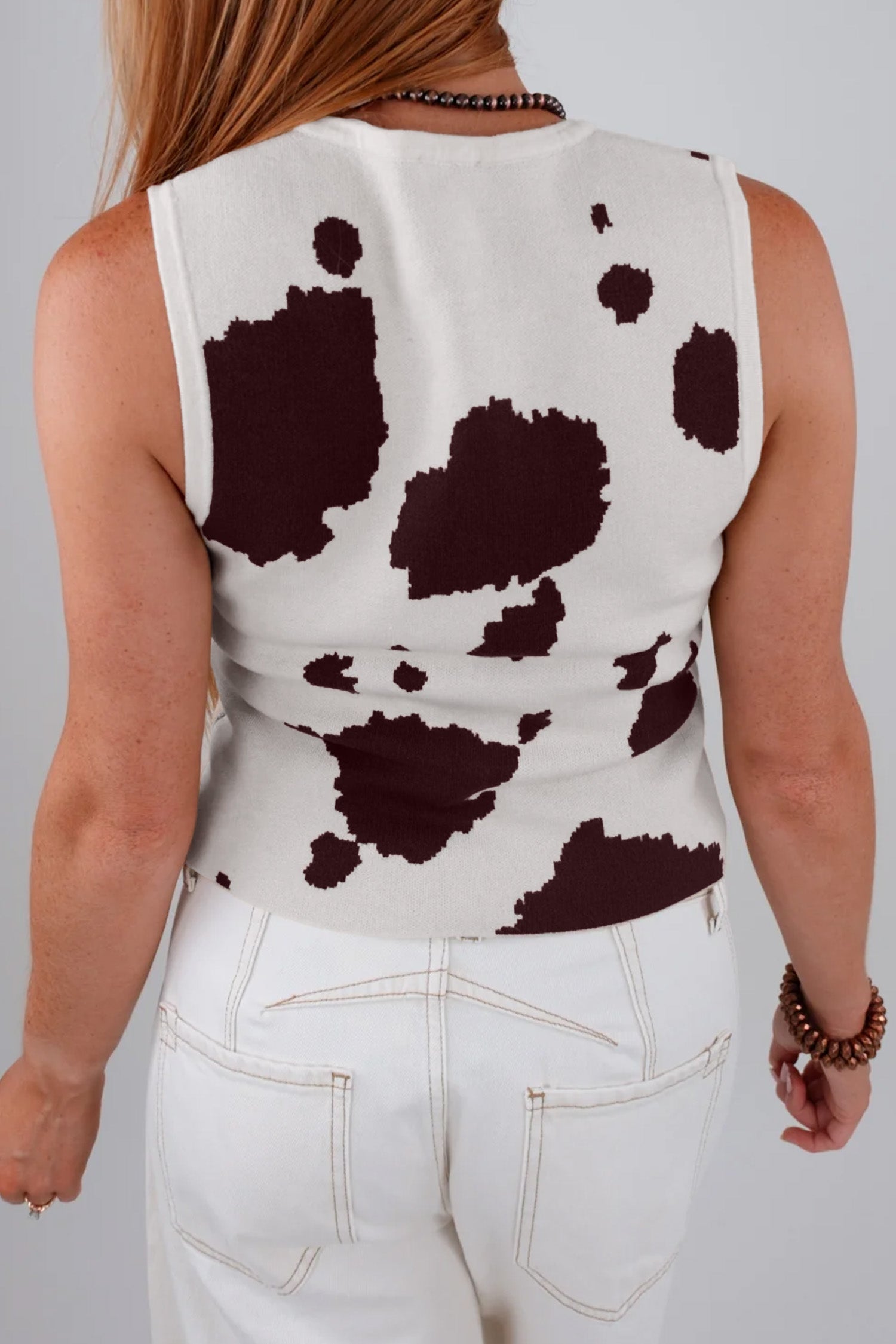 Women’s Cow Print Vest, Cowprint Button-Front Sweater Vest