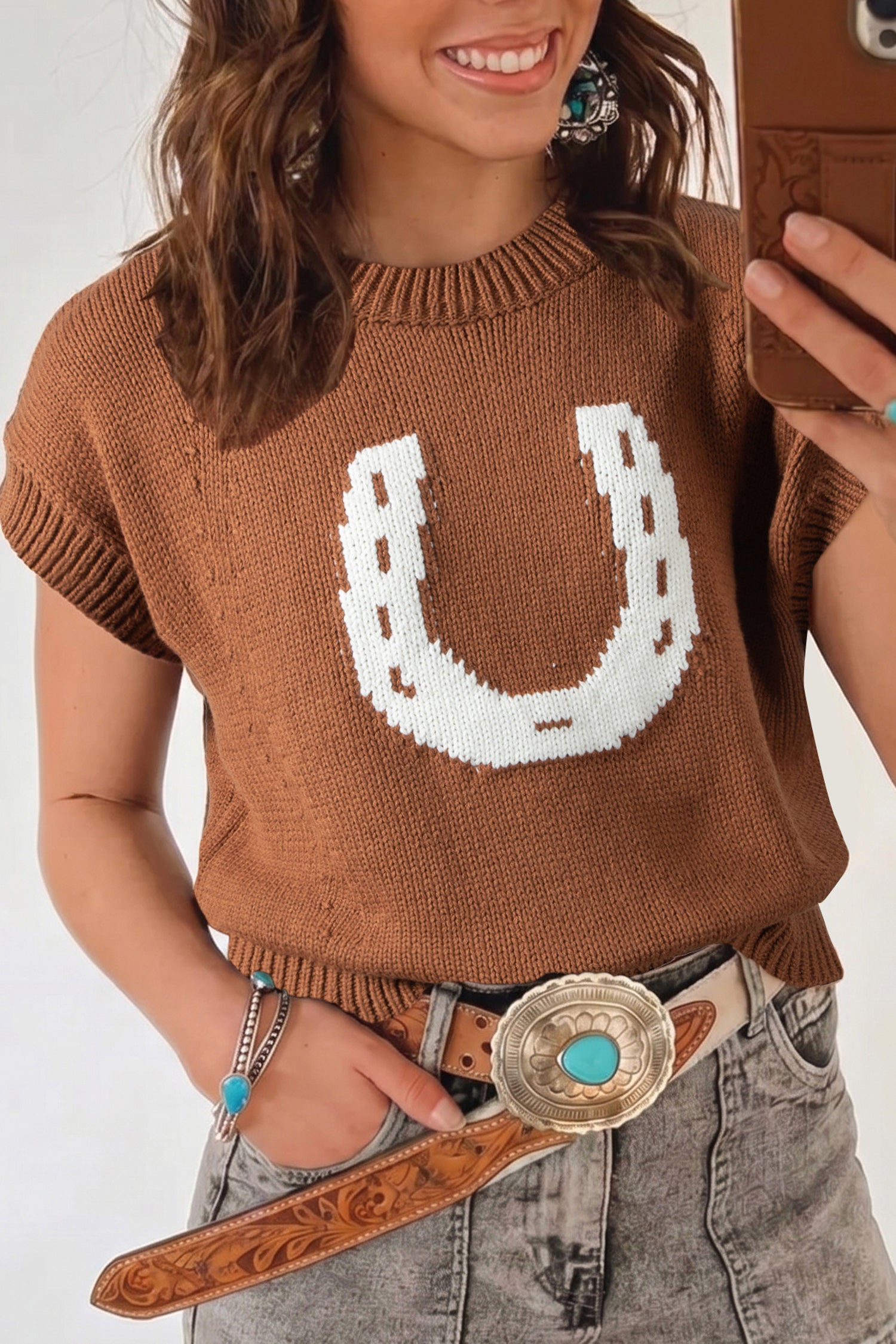 Women’s Brown Western Horseshoe Short Sleeve Knit Sweater