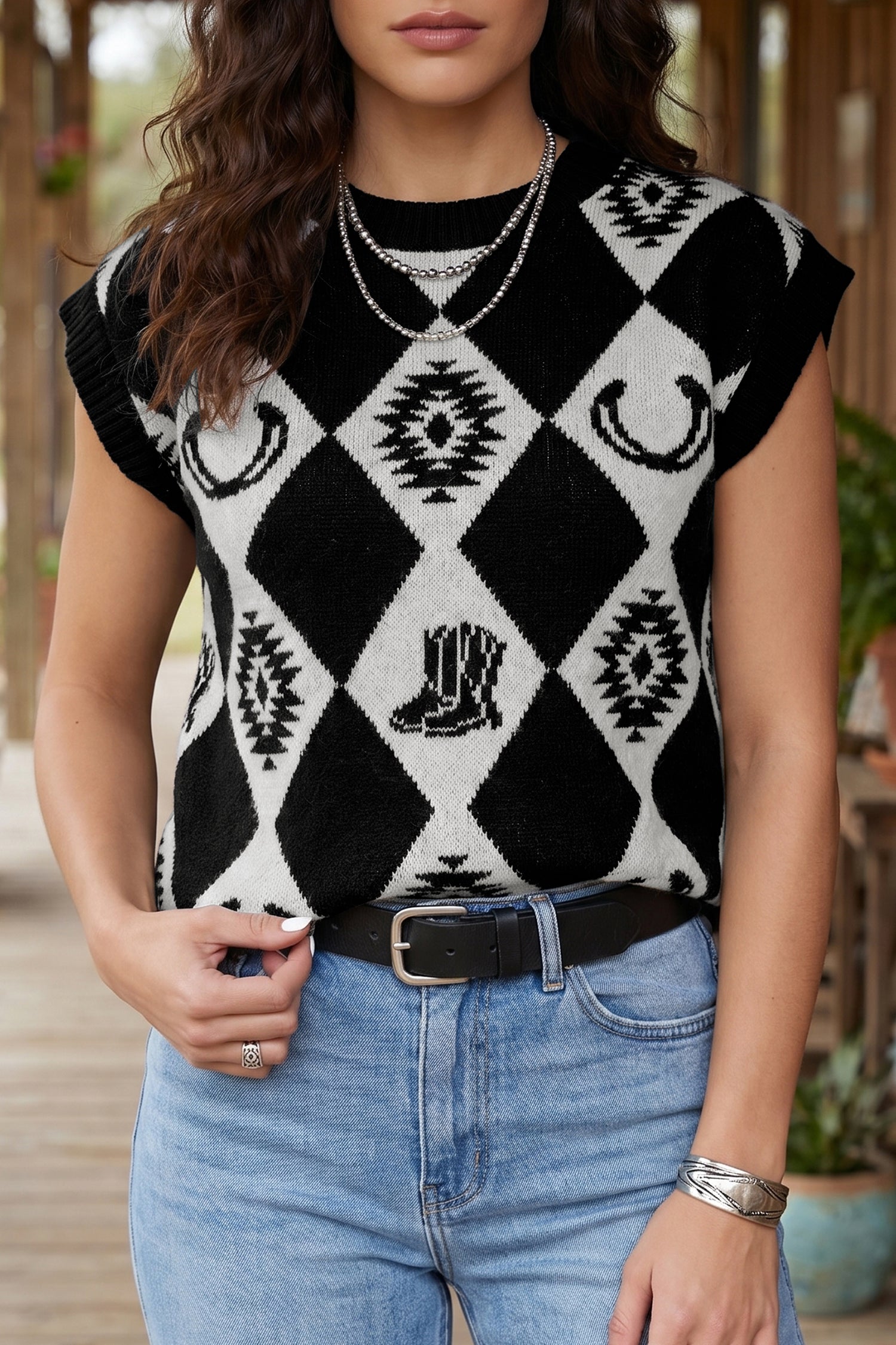 Women’s Black and White Western Argyle Sweater Vest