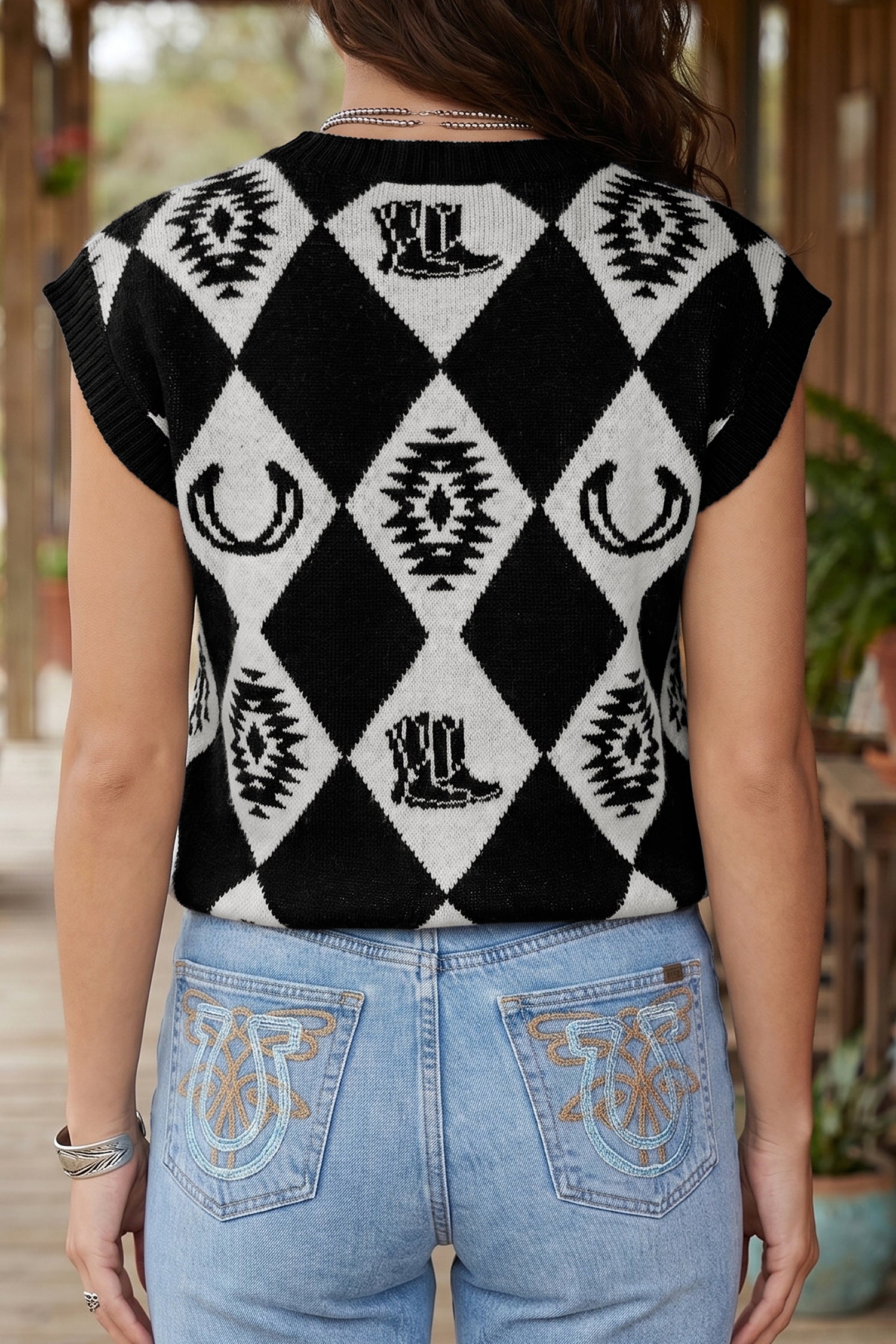 Women’s Black and White Western Argyle Sweater Vest