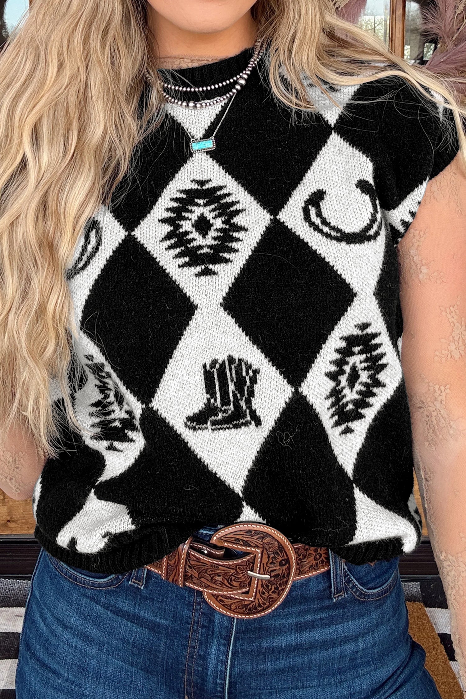 Women’s Black and White Western Argyle Sweater Vest