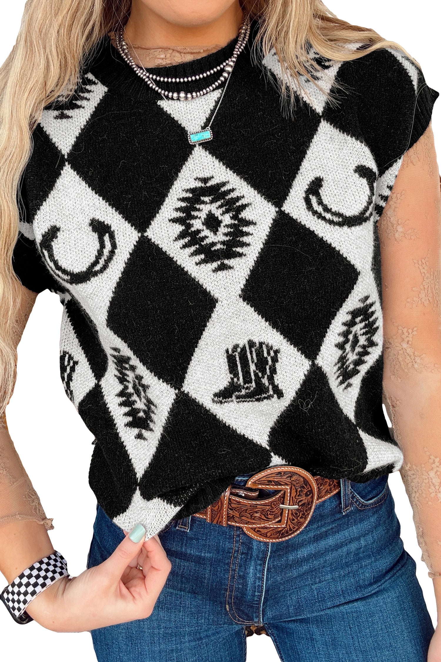 Women’s Black and White Western Argyle Sweater Vest