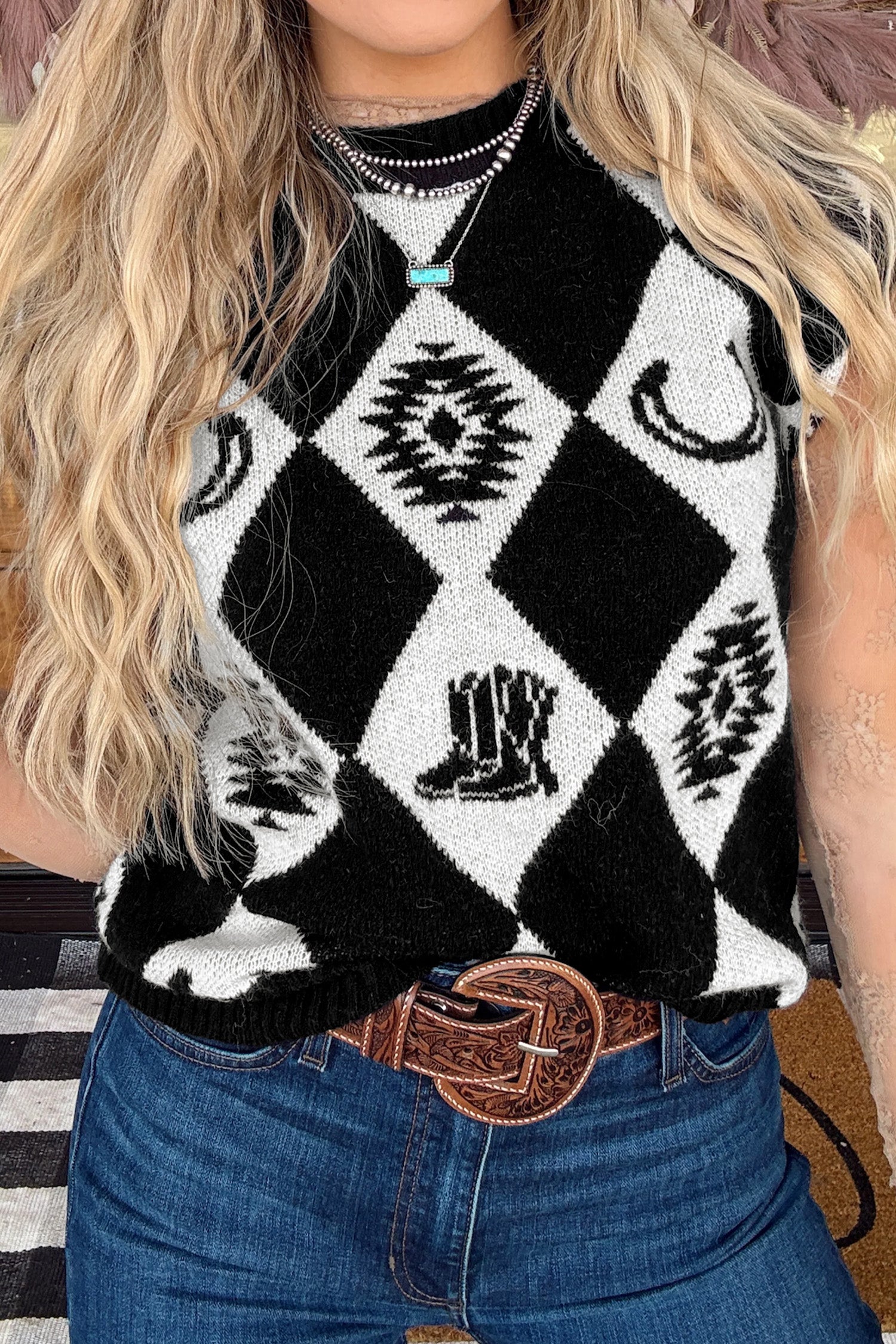 Women’s Black and White Western Argyle Sweater Vest