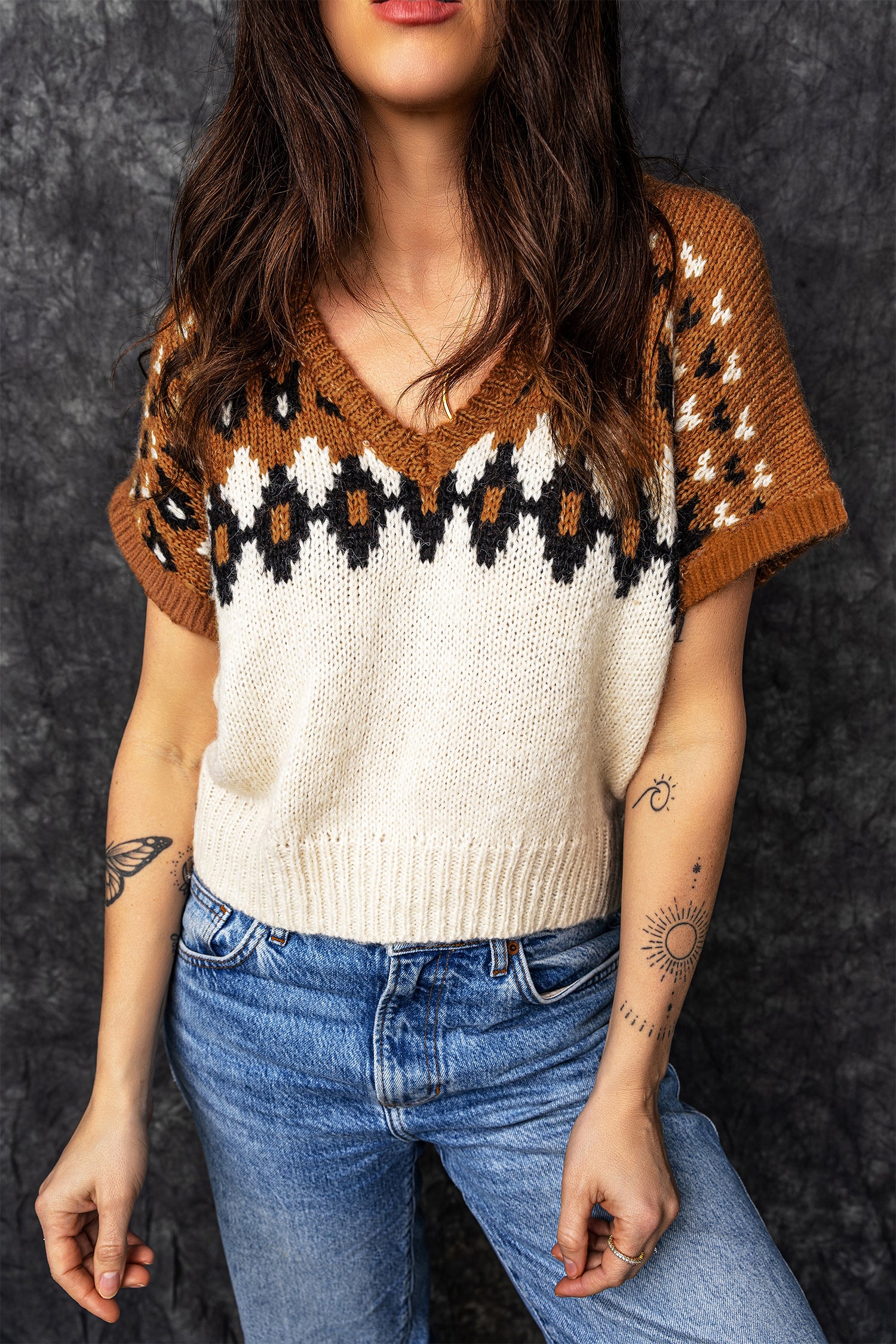Women’s Brown Southwestern Geometric Short Sleeve Sweater