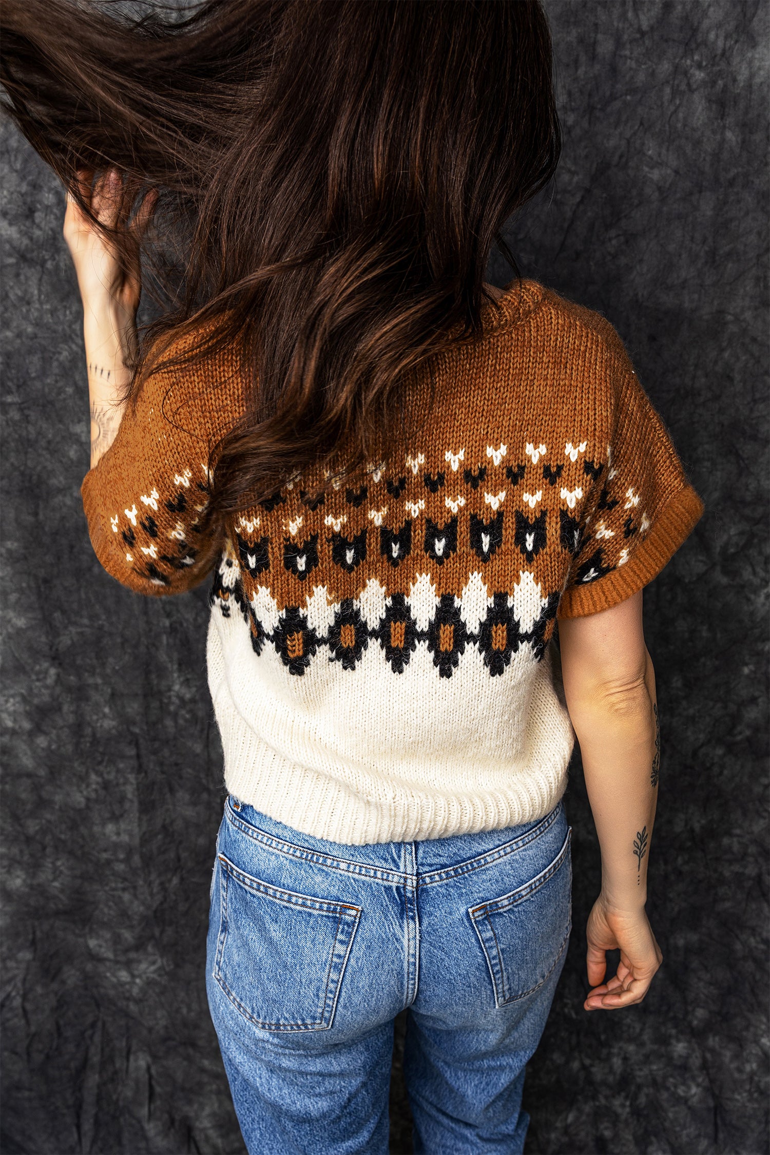 Women’s Brown Southwestern Geometric Short Sleeve Sweater