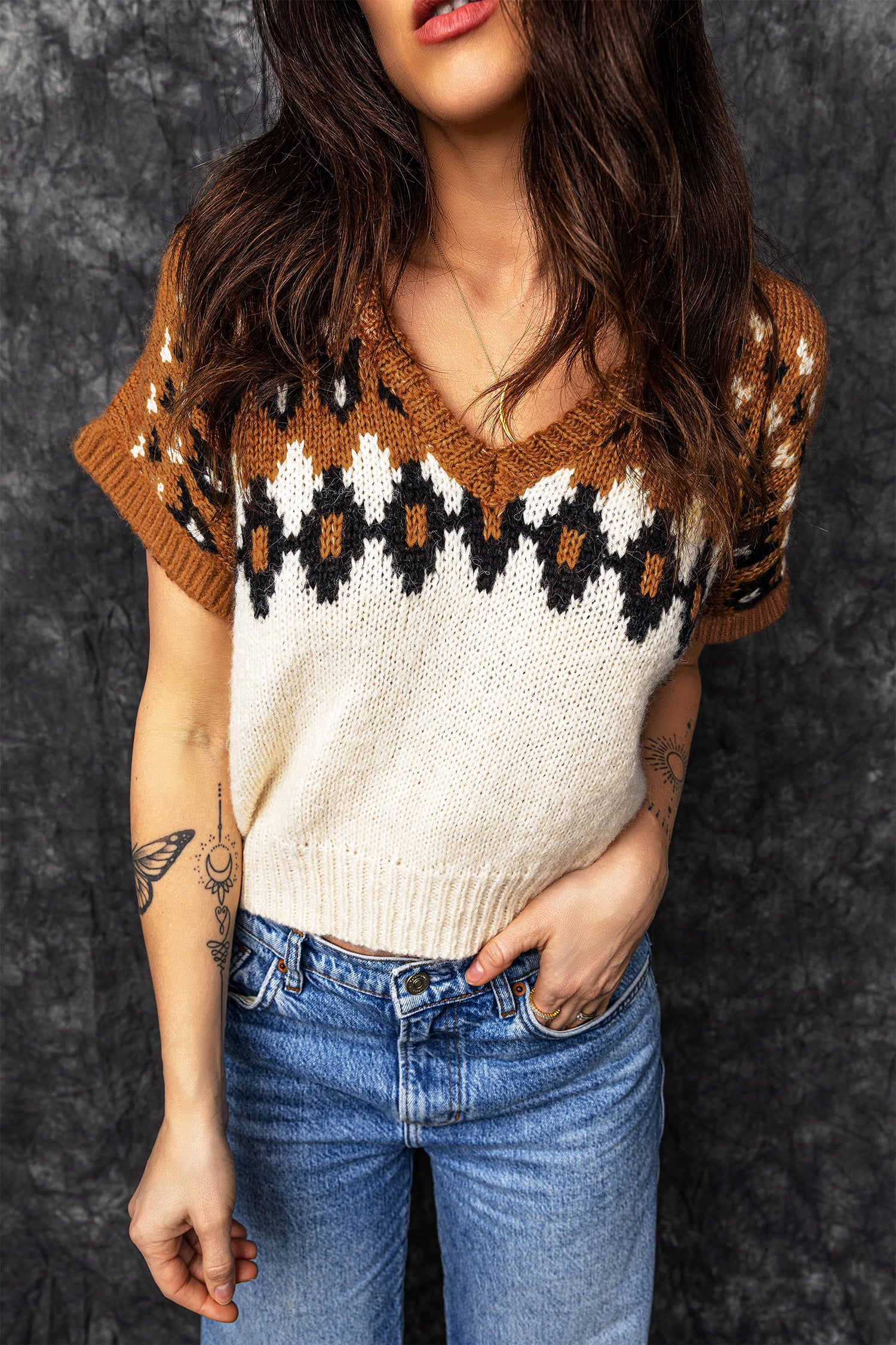 Women’s Brown Southwestern Geometric Short Sleeve Sweater