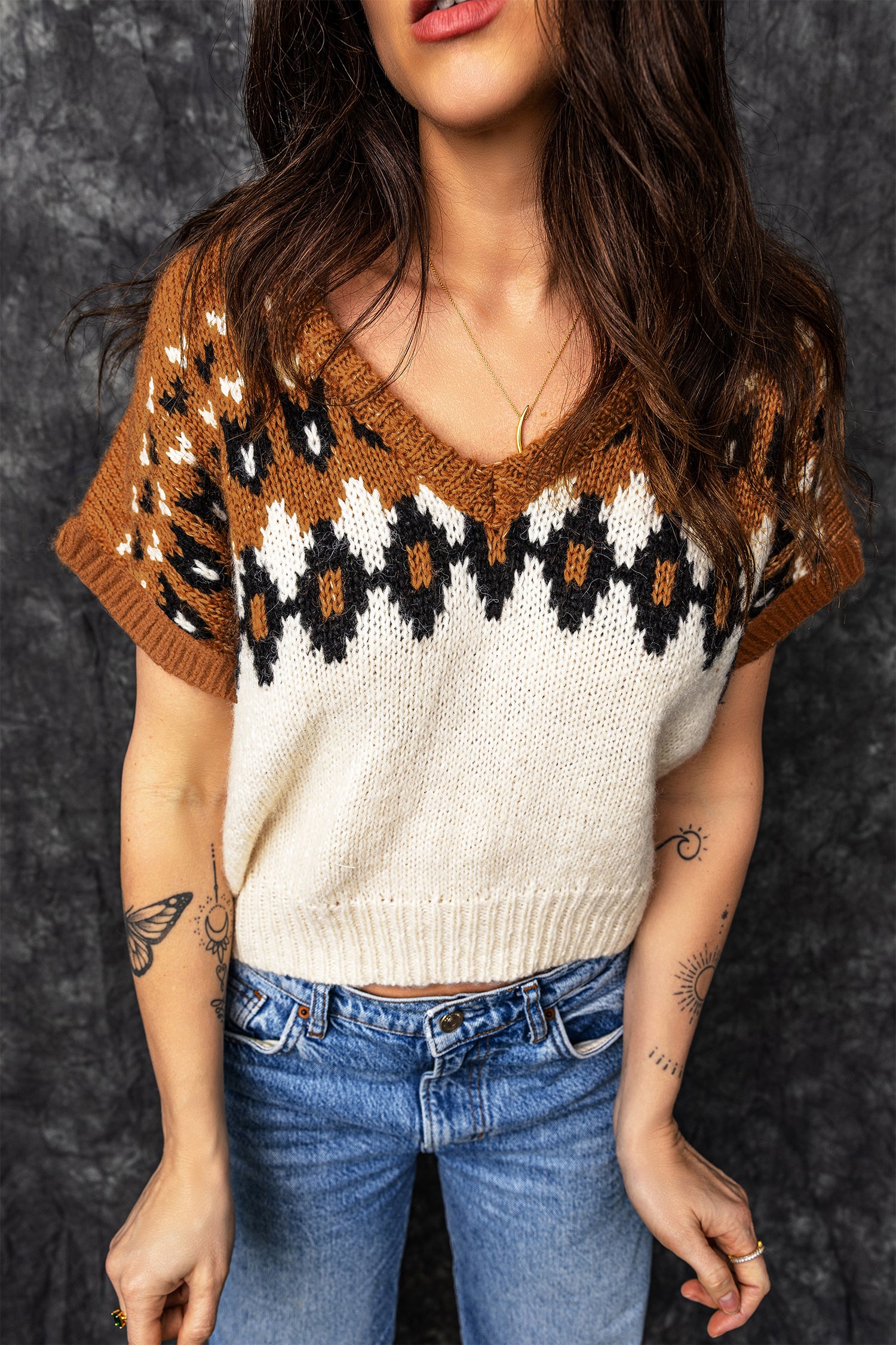 Women’s Brown Southwestern Geometric Short Sleeve Sweater