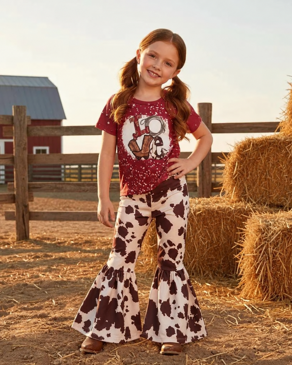 A young girl stands on a farm wearing a matching two-piece outfit consisting of a maroon short-sleeve graphic t-shirt and brown-and-white cow-print flared pants. The background features a wooden fence, hay bales, and a red barn under a warm sunset sky.