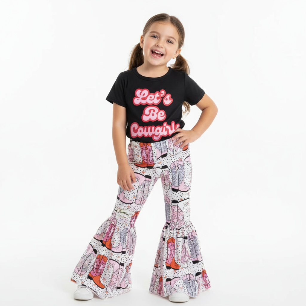 Let's be Cowgirls Tee and Cowgirl Boot Bell Bottoms