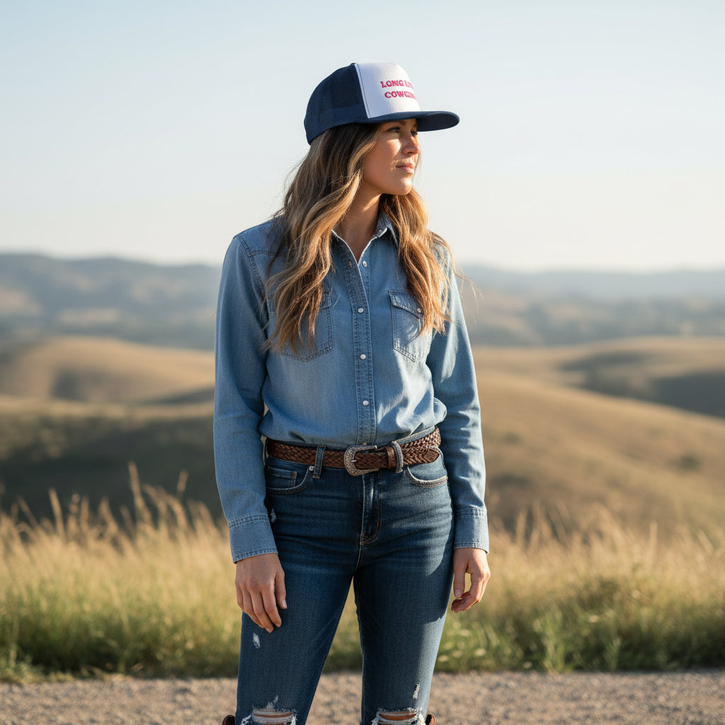 Long Live Cowgirls Trucker Hat - 5 Panel Western Cap, Retro Snapback for Rodeo & Country Concert Summer Outfit -Razels