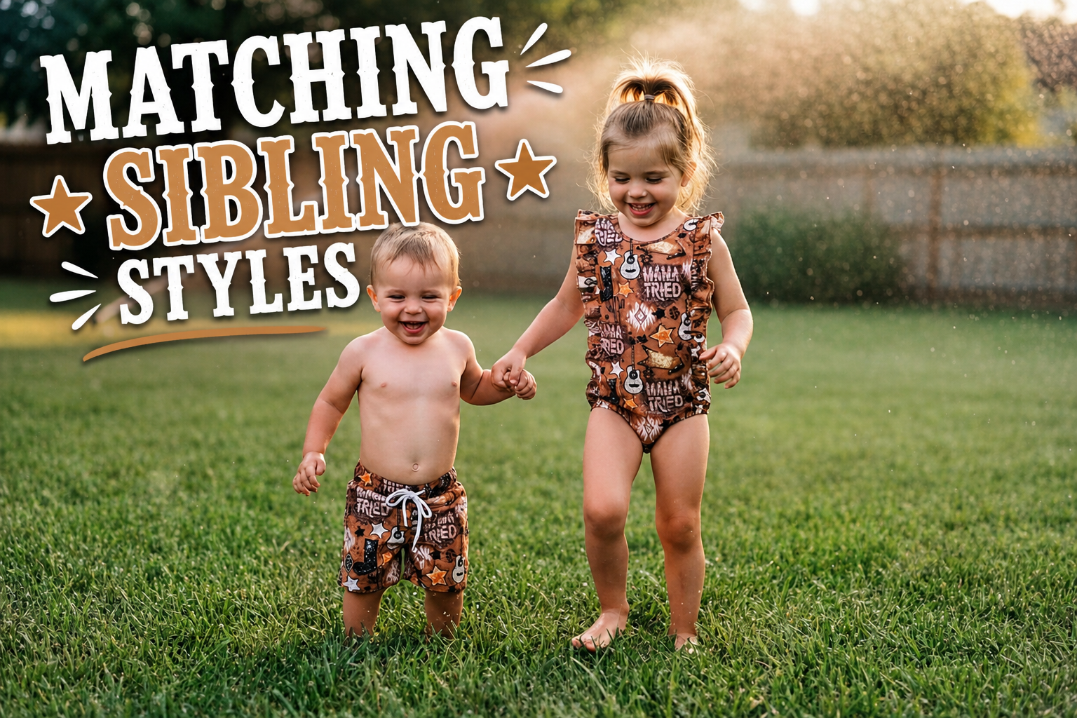 Two children in matching swimsuits standing on grass with text overlay 'Matching Sibling Styles'. Matching Mama Tried Western swimsuits for boys and girls — ruffle one‑piece and fully lined swim trunks with functional drawstring, available in sizes 0–3M to 6/7. 🤠🌵

✓ Ships today from Montana

High-quality, matching Western swimsuits for your little cowboys and cowgirls. Yes… perfect sibling swimwear. I won’t name names 😉💗

Featuring our bold allover Mama Tried print with cacti, arrows, stars, and guitar