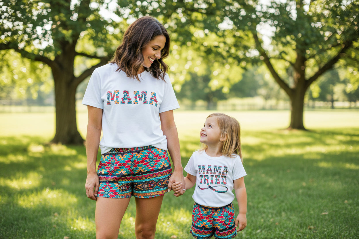 This Cowgirl Mama Pajama Short Set is perfect for lounging in style! Featuring a Mama Shirt and high-rise Aztec biker shorts, it’s comfy, chic, and great for matching with your mini. 💖✨ Shop Razels—FREE U.S. shipping on $35+ orders!