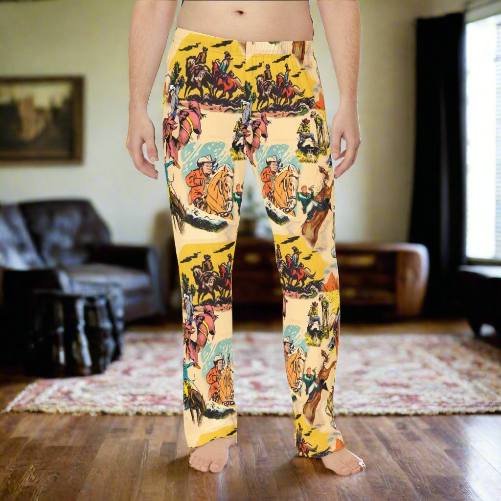 Mens Vintage Cowboy Pajama Pants, Western Rodeo Lounge Pants, Soft Old West Sleepwear -Razels