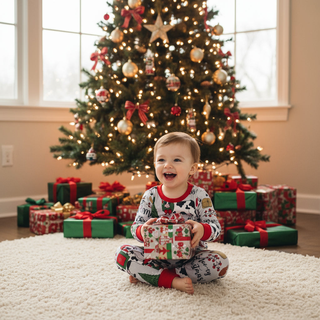 Moo-ey Christmas Pajamas, kids Holstein Cow Christmas pajamas featuring adorable cows wearing Santa Hats, antlers, surrounded by Christmas Trees, pinecones, presents. Farm Kid Pajamas