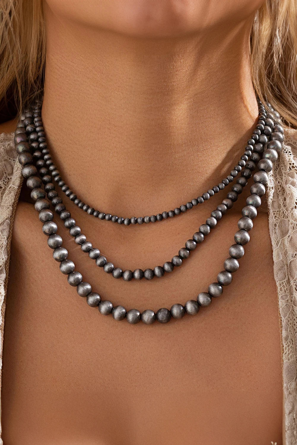Layered Western Beaded Necklace Set | Cowgirl Jewelry, Silver Bead Necklace