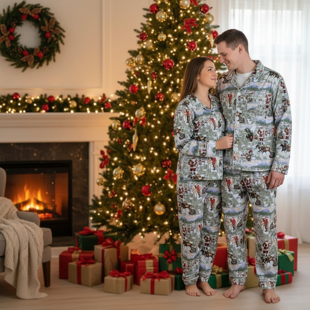 ORIGINAL Cowboy Santa Pajamas featuring Western Santa and his best horses. This button-down pajama style is perfect for the whole family.