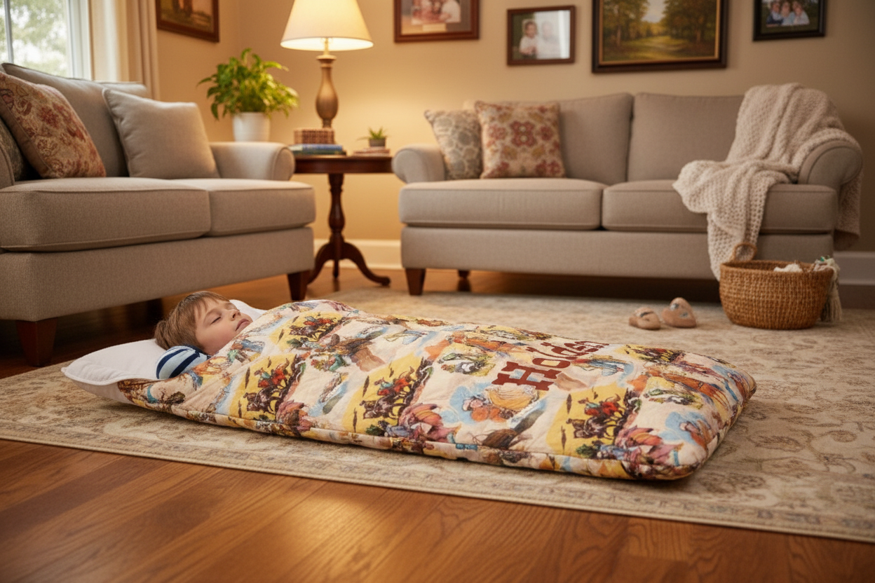 Child lying on a colorful quilt in a cozy living room.