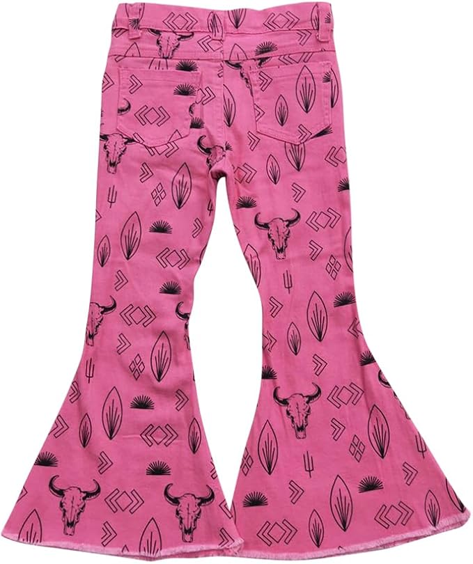 Girls Hot Pink Southwestern Bell Bottom Jeans | Western Kids Flare Pants