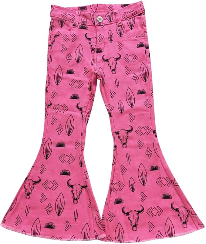 Girls Hot Pink Southwestern Bell Bottom Jeans | Western Kids Flare Pants