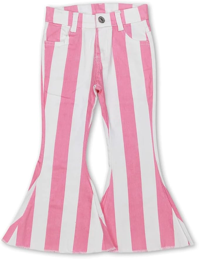 Girls Pink Striped Bell Bottom Jeans – Retro Flare Pants