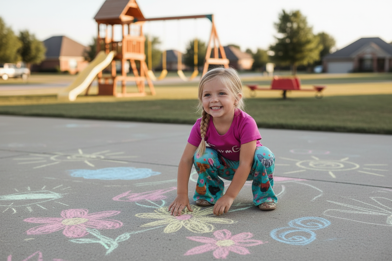 YOUNG GIRL PLAYING AT PLAYGROUND WEARING RAZELS Pink '#FarmGirl' t-shirt and teal floral pants with chickens