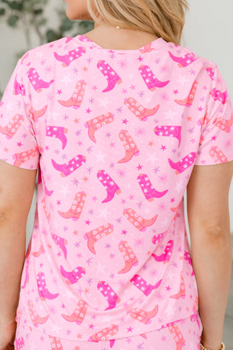 PINK BOOTS WOMENS SUMMER SHORT SET PJS, COWGIRL BOOT PAJAMAS