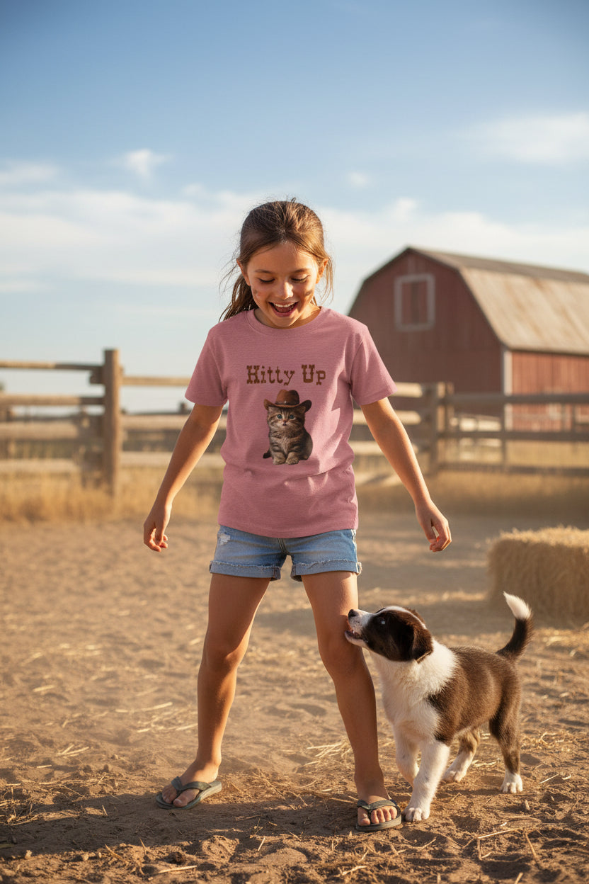 GIRL OUT WEARING Pink t-shirt with a kitten wearing a cowboy hat and 'Kitty Up' text on a white background