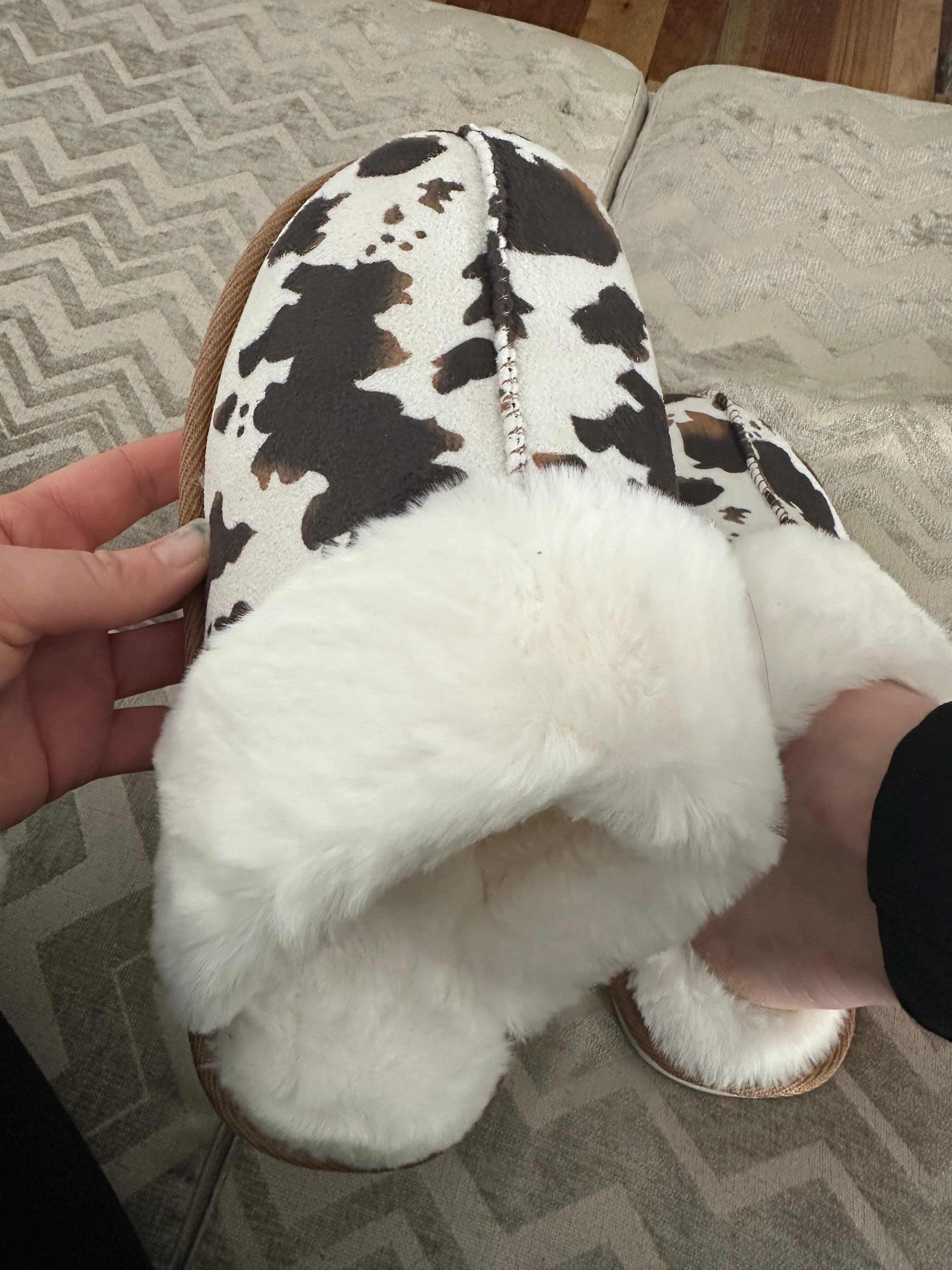 PLUSH COWPRINT SLIPPERS FOR WOMEN ARE COZY, COMFORTABLE AND GREAT PRICE