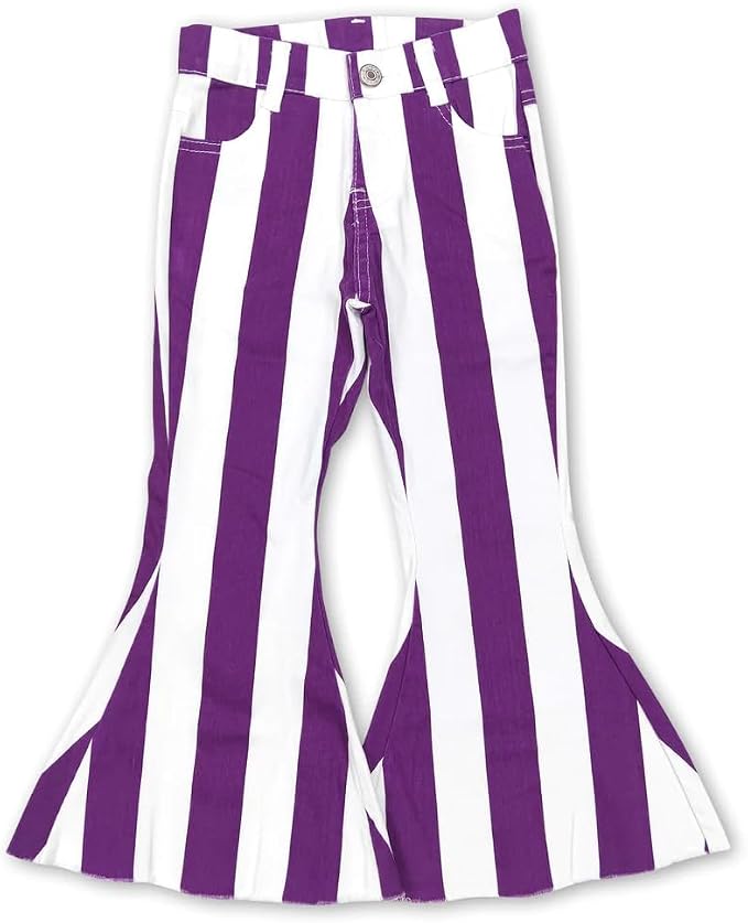 Girls Purple & White Striped Bell Bottom Jeans | Kids Flare Pants
