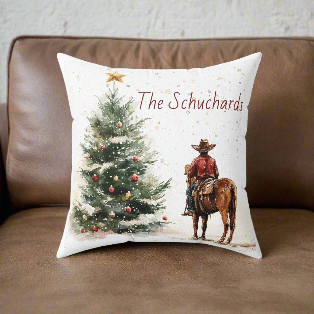 Cowboy & Christmas Tree Throw Pillow, Cowboy Christmas