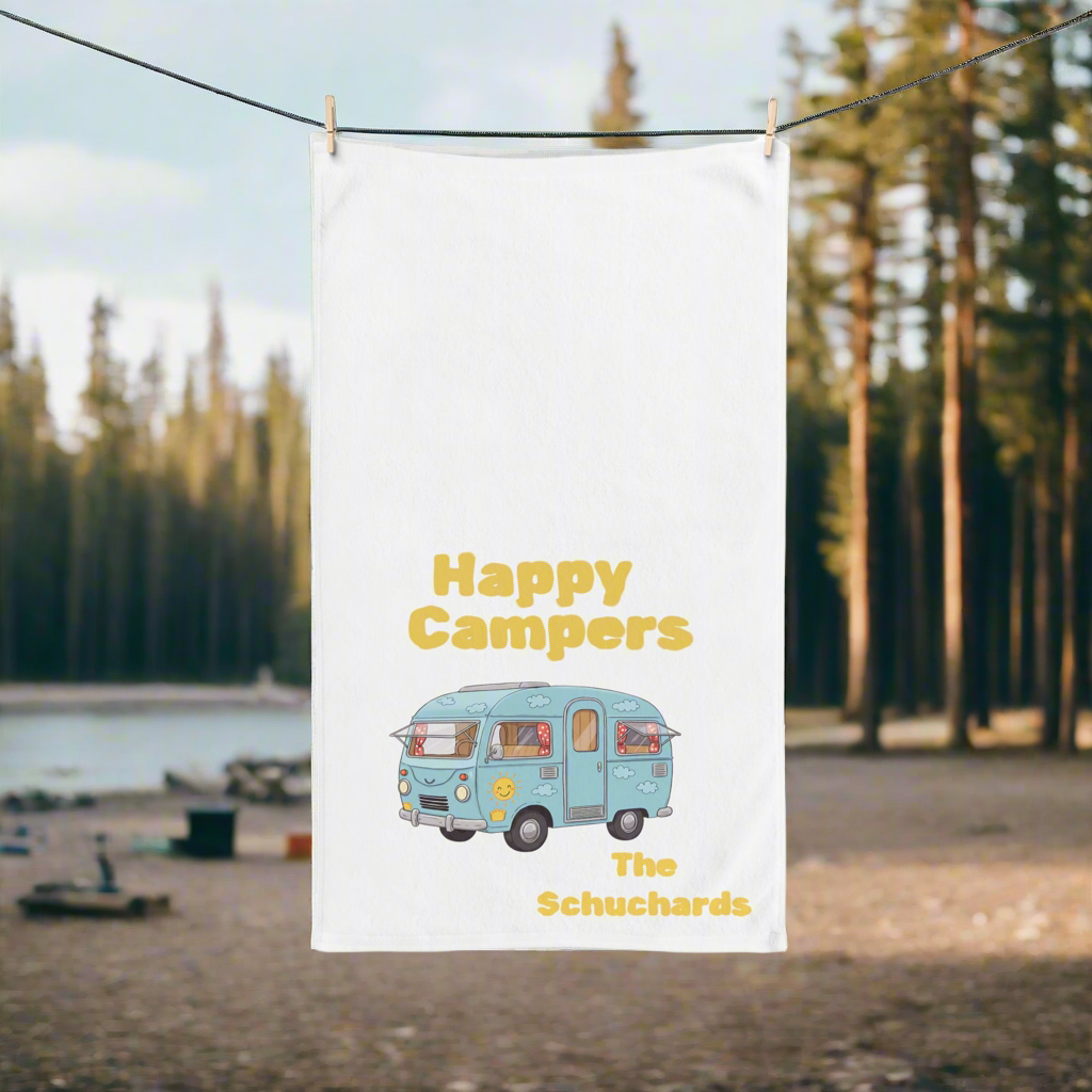 Personalized Happy Campers Hand Towel, Custom Family Name RV Towel, Vintage Camper Kitchen Towel, Camping Decor Gift,