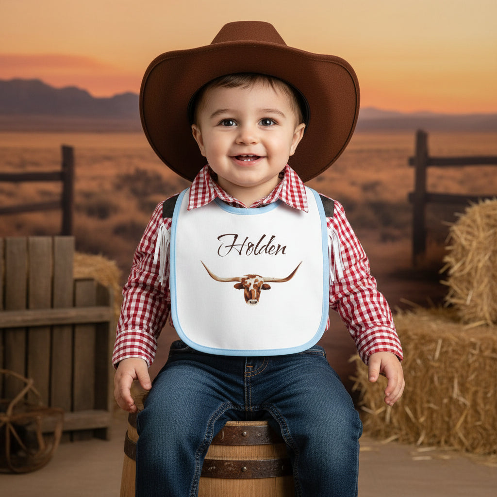 Personalized Longhorn Baby Bib: Soft Cotton Cowboy Bib with Custom Name -Razels
