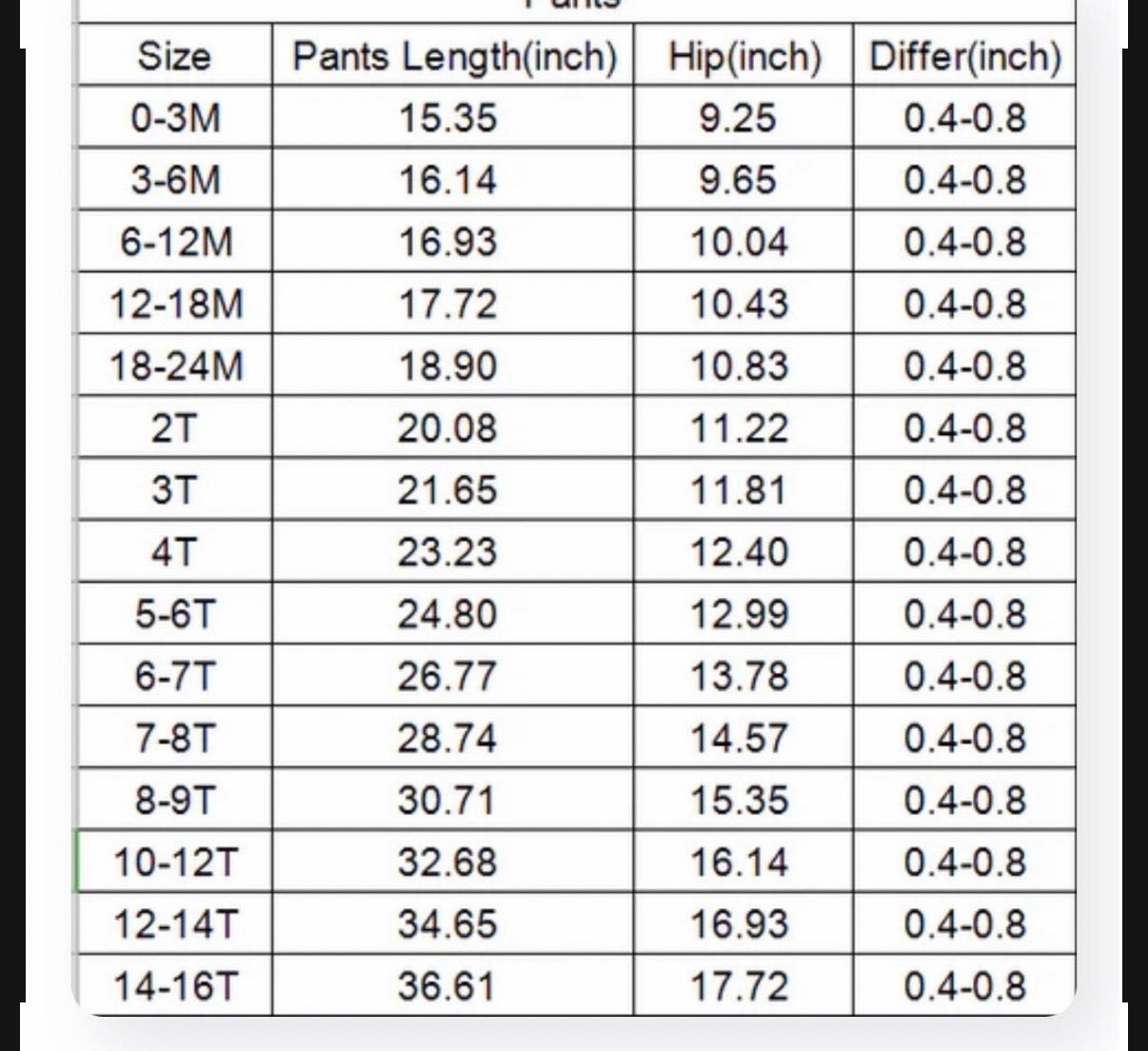 RAZELS DOUBLE BELL BOTTOM JEAN SIZE CHART