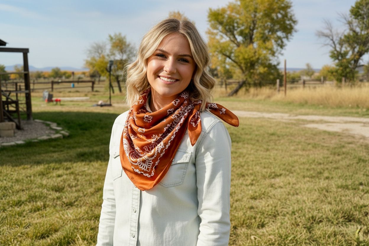 A smiling blonde woman outdoors wearing a rust-orange paisley bandana tied around her neck over a white button-up shirt, with a grassy field and trees in the background.