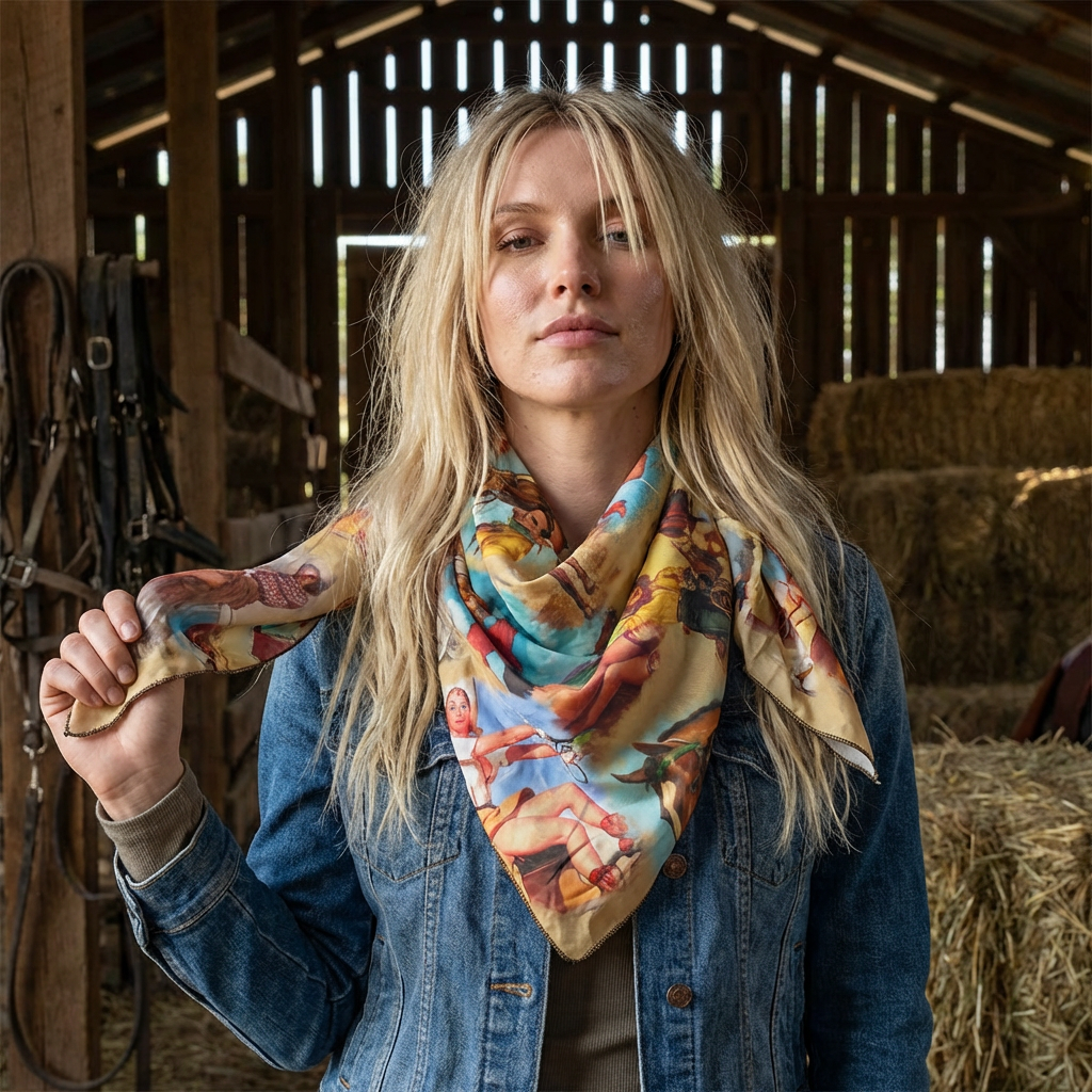 Woman holding a colorful RETRO WESTERN scarf in a barn setting