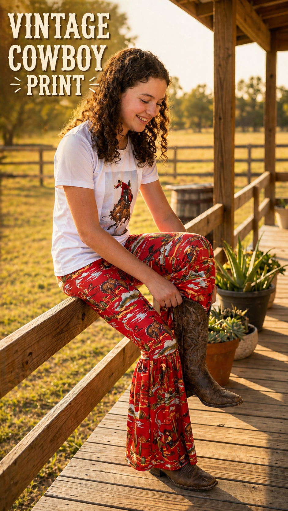 GIRL sitting on a wooden deck wearing a white t-shirt with a graphic design OF A BUCKING HORSE AND COWBOY and red patterned pants WITH VINTAGE COWBOYS ALLOVER. TEXT OVERLAY SAYS VINTAGE COWBOY PRINT
