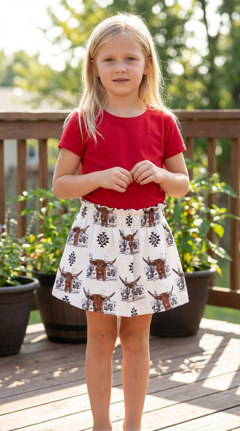 Young girl wearing a red top and longhorn and aztec patterned skirt on a wooden deck with plants in the background