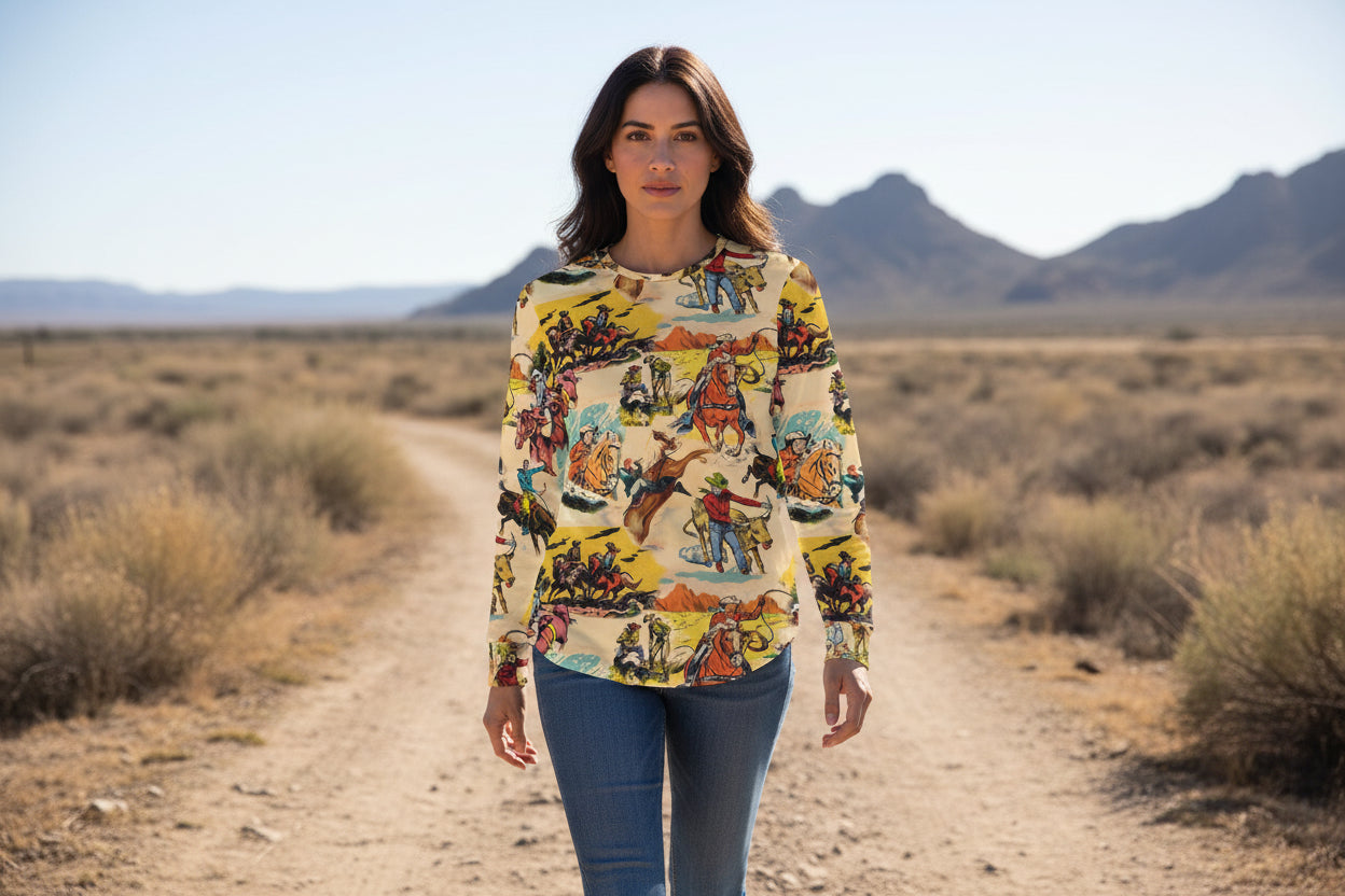  Vintage Cowboy Long Sleeve Shirt, Western AllOver Print Top, Old West Rodeo Style, Vintage Cowboy Graphic Long Sleeve Shirt, -Razels