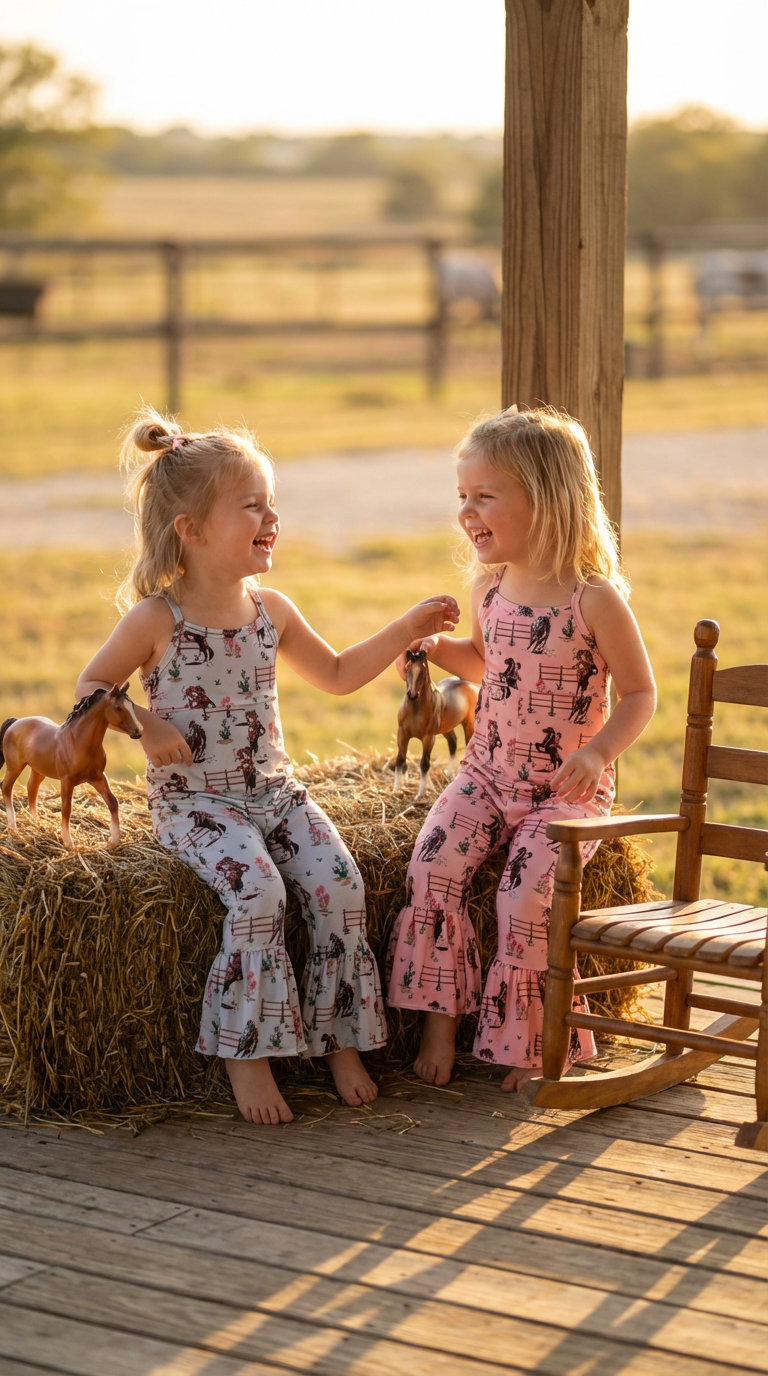 Two young girls in matching Razels Retro Cowgirl Vintage Cowgirl Jumpsuit Rompers sitting on a hay bale outdoors during sunset.