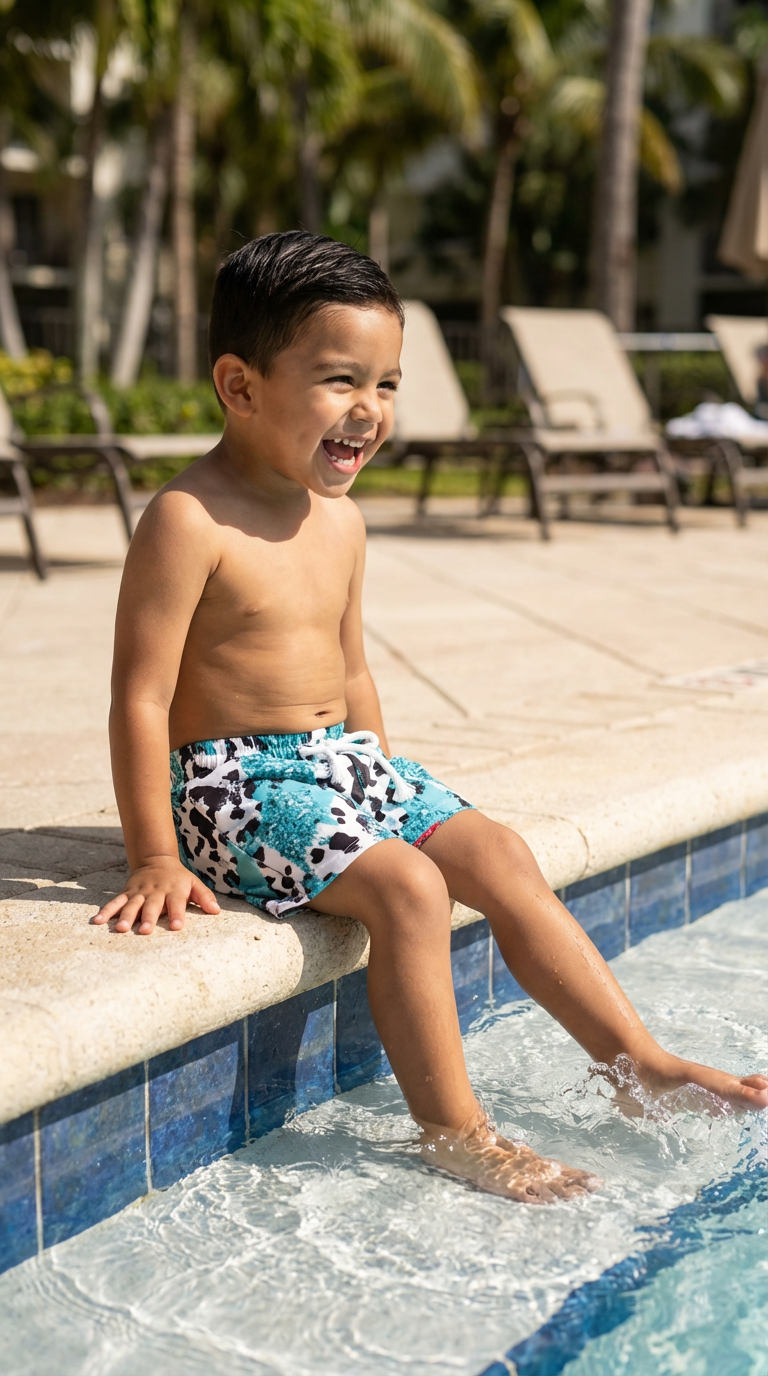 Child sitting by a pool with a poolside background wearing Razels turquoise and black and white cowprint shorts